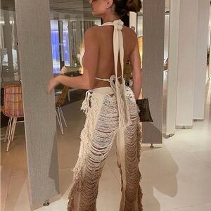 Ombre Fringed Open-Knit Wide-Leg Pants - Cream to Brown